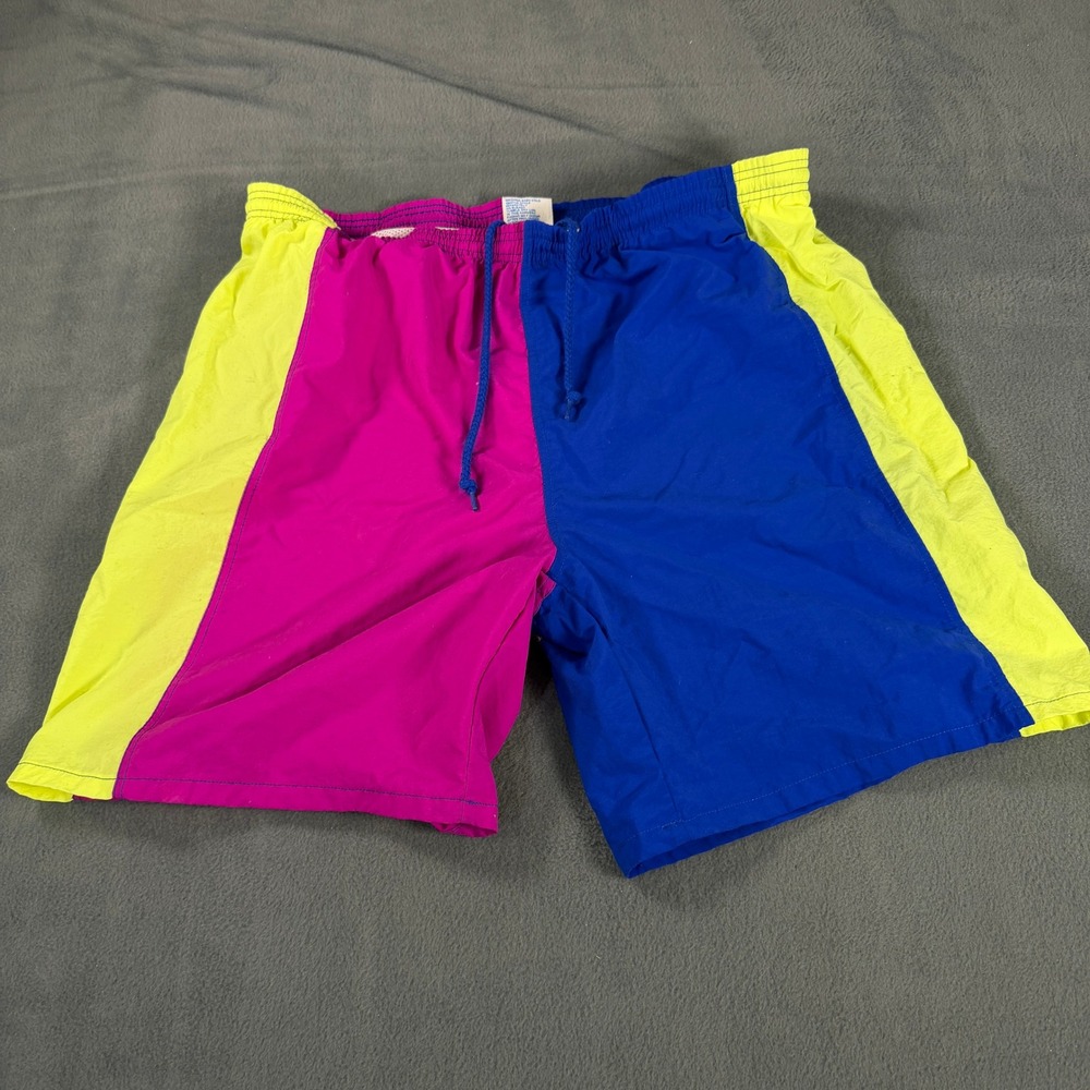 Vintage Cheetah Mervyns Colorblock Swim Trunks Pink Blue Neon Yellow Mens Medium